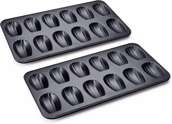 HONGBAKE Nonstick Madeleine Pan 2 Pack - Heavy Duty 12-Cavity Shell Shaped Cake Trays for Oven Baking Champagne Gold