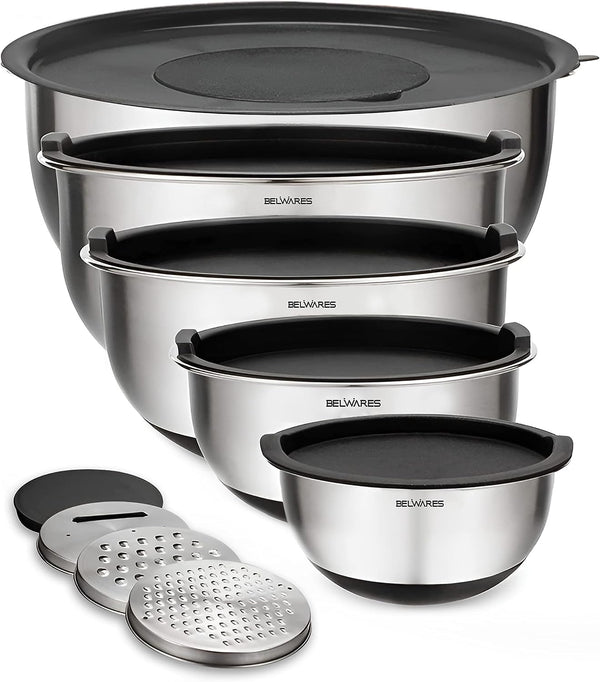 Belwares 5-Piece Mixing Bowl Set with Lids Graters and Non-Slip Stainless Steel - Black