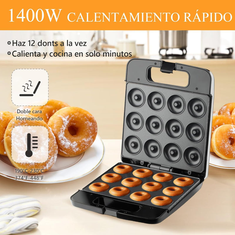 Mini Donut Maker Machine - 1400W Double-Sided Non-Stick Surface - Makes 16 Donuts for Breakfast Snacks and Desserts