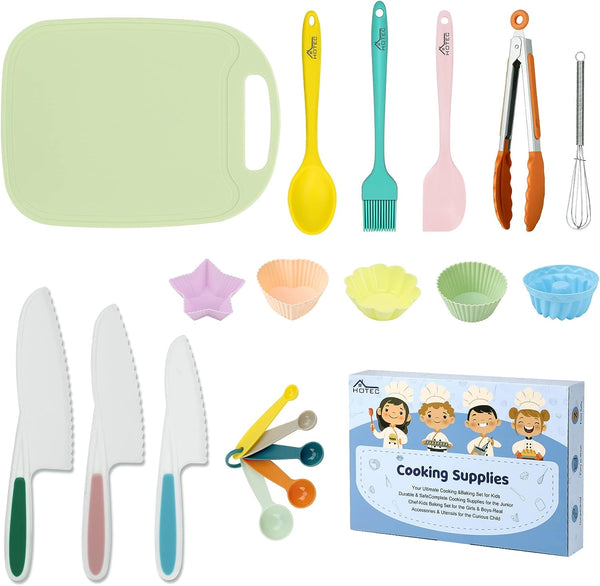HOTEC Kids Baking Set with Nylon Knives Cutting Board Silicone Spoon Spatula and Cupcake Mold - BPA Free