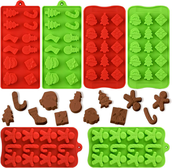 Christmas Silicone Chocolate and Candy Molds - 6 Pack Reusable Non-stick Xmas Themed RedGreen