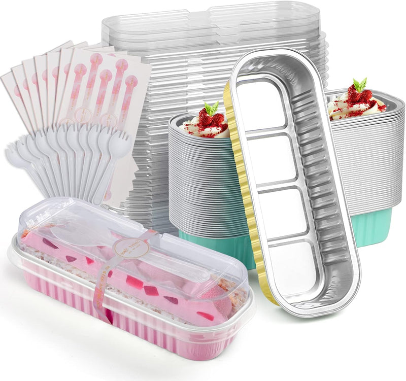 50-Pack Aluminum Bread Cupcake Pans with Lids and Spoons - 68oz Disposable Cake Tins for Picnics and Parties