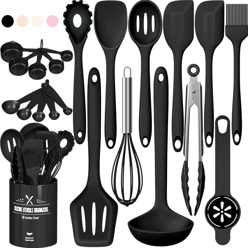 22Pcs Silicone Cooking Utensils Set with Holder - Heat Resistant Pink Kitchen Spatulas - Nonstick Cookware Gadgets