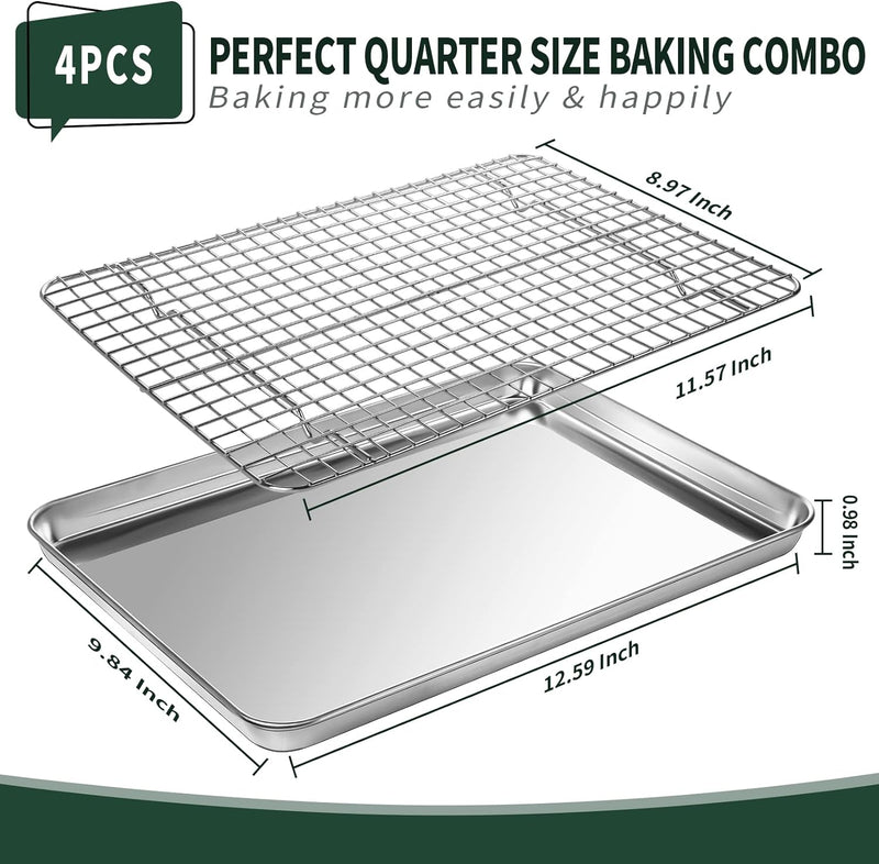 Quarter Sheet Pan with Cooling Rack Set - 2 Baking Sheets  2 Baking Racks - CEKEE Stainless Steel - Rust  Warp Resistant - Nonstick - 12 x 98 x 1 Inch