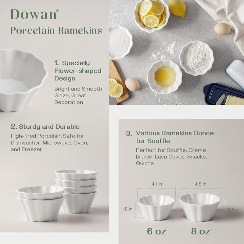 DOWAN 4 oz Porcelain Ramekins - Set of 6 Flower-Shaped for Baking Dipping and Sauces