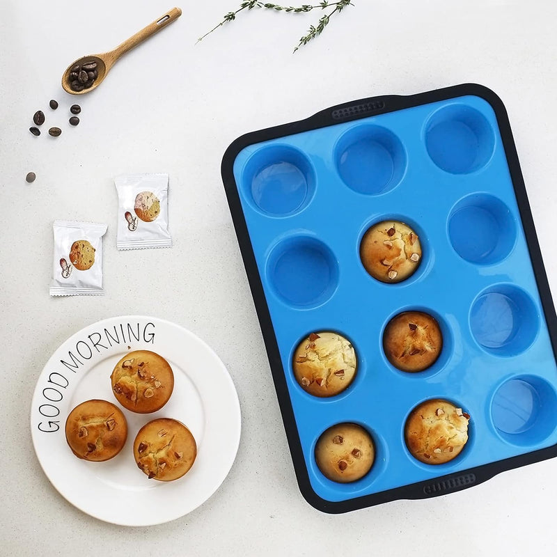 Non-Stick Silicone Muffin Pan with Stainless Steel Frame - 12 Cup Baking Mold BPA Free Blue