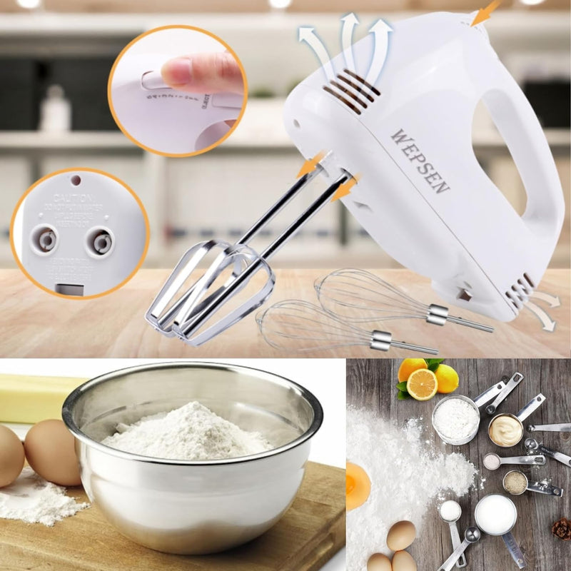 5-Speed Electric Hand Mixer Set with 5 Large Bowls Whisks Beaters Stainless Steel Nesting Bowl Measuring Cups and Spoons - Baking and Kitchen Prep Supplies