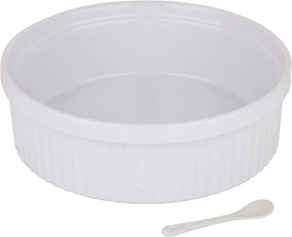 Large 64oz Souffle Dish with Mini Spoon - White Oven-Safe Ceramic Bowl