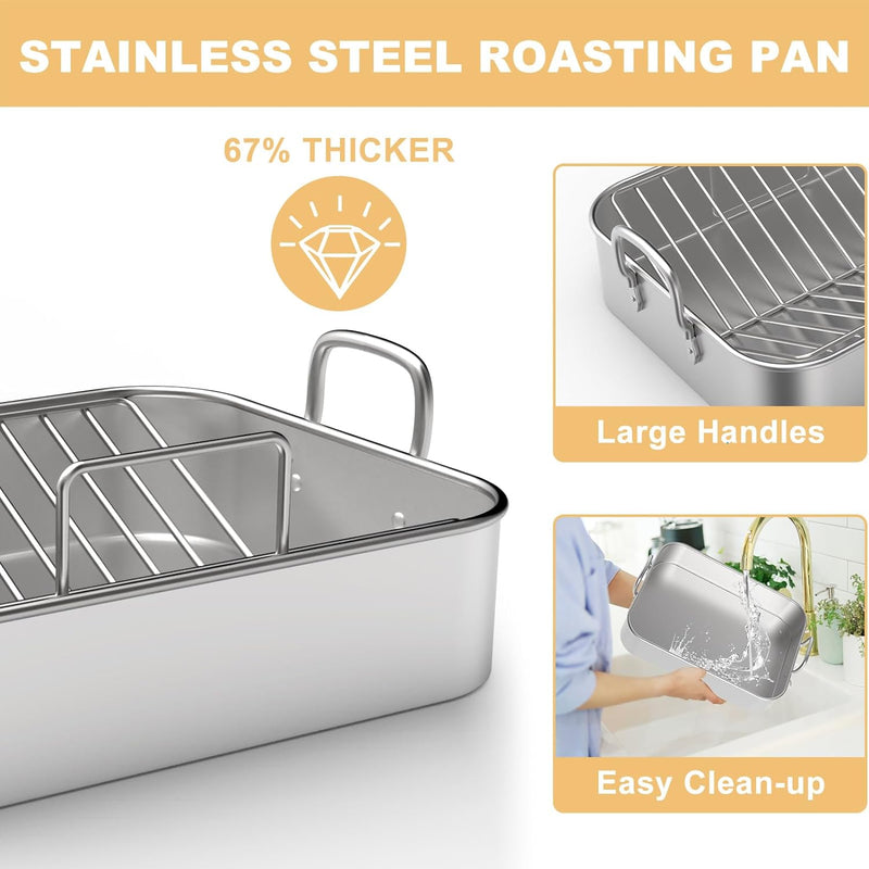 Stainless Steel Turkey Roaster with Rack - V-Shaped Flat Rack 1713 Inch - Perfect for Holiday Roasts and Lasagna