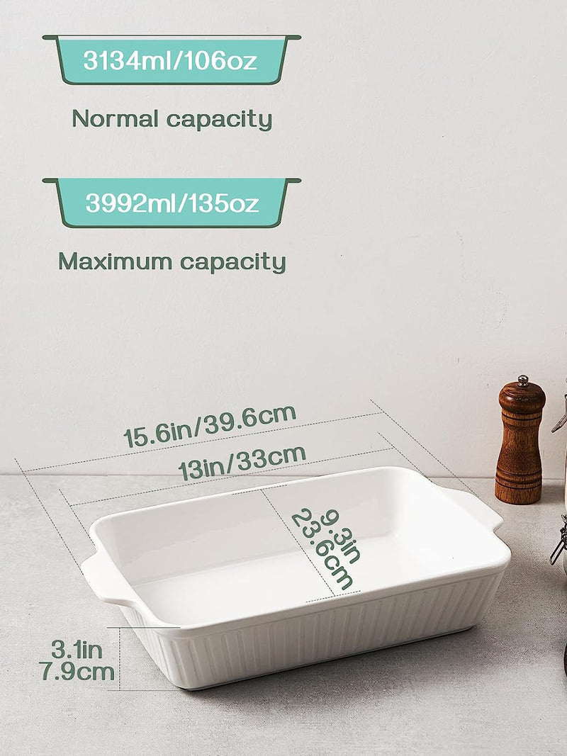 DOWAN 9x13 Ceramic Casserole Dish - 135 oz Deep Baking Pan with Handles Oven Safe White