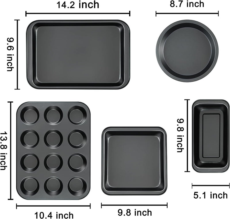 Nonstick 5-Piece Baking Pan Set - RoundSquare Cake Muffin Loaf Roast Pans Baking Sheets