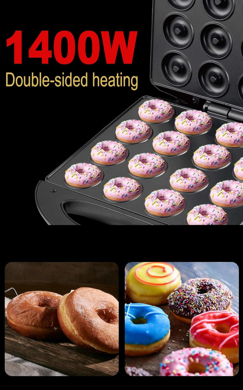 Mini Donut  Pancake Maker - 1400W Non-Stick for Home  Travel Use Makes 16 Doughnuts  Cakes Print Snacks  Desserts