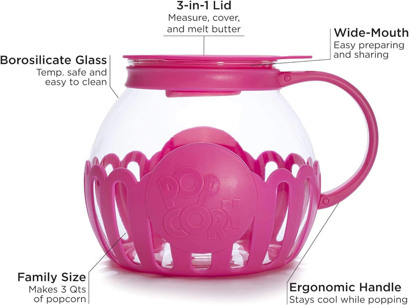 Ecolution Micro-Pop Microwave Popcorn Popper - Temperature Safe with 3-in-1 Lid BPA-Free Dishwasher Safe 15-Quart Pink