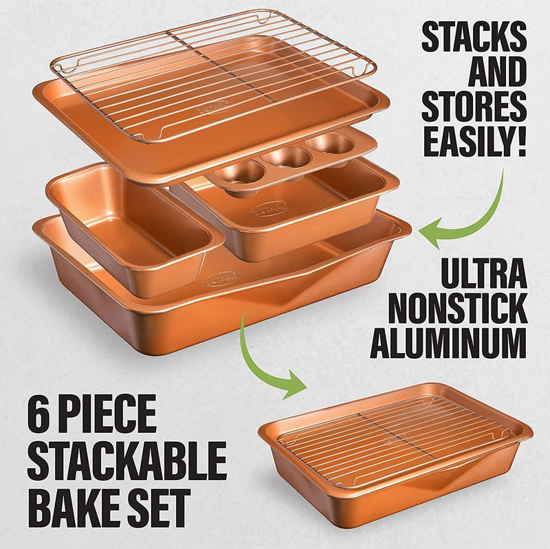 Gotham Steel Stackable 6 Pc Nonstick Ceramic Bakeware Set with Copper