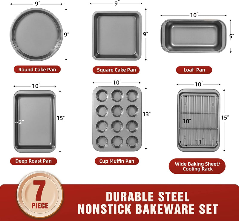 KITESSENSU Nonstick Bakeware Set 7-Piece Carbon Steel Baking Pans with Round and Square Cake Pan Loaf Muffin Cookie Sheet and Roast Cooling Rack