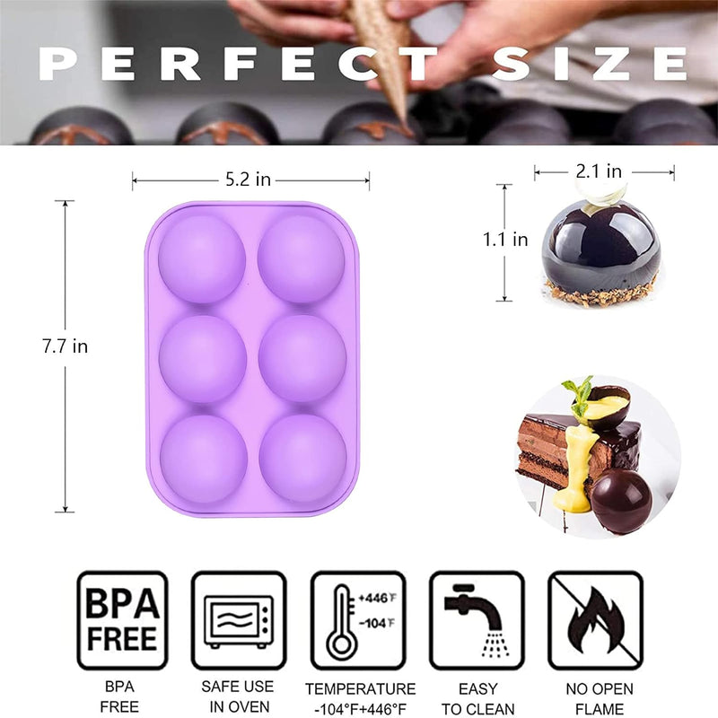 Hot Cocoa Bomb Molds - 6 Pack Silicone Semi Sphere for Chocolate Bombs Cakes Jello Mousse Purple