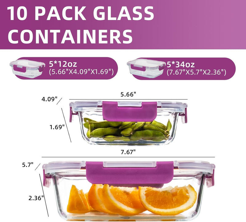 10-Pack UMEIED Glass Food Storage Containers - Leakproof Airtight Meal Prep Containers for Lunch On the Go Leftovers - Dishwasher Safe