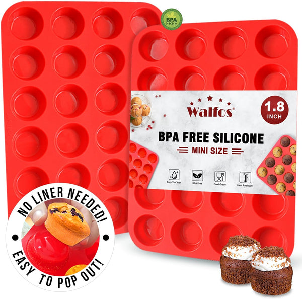 Walfos Silicone Cupcake Pan Set - 2-Piece Mini 24-Cup Muffin Baking Pan - BPA Free Dishwasher Safe - Non-Stick - Great for Muffin Cakes Fat Bombs