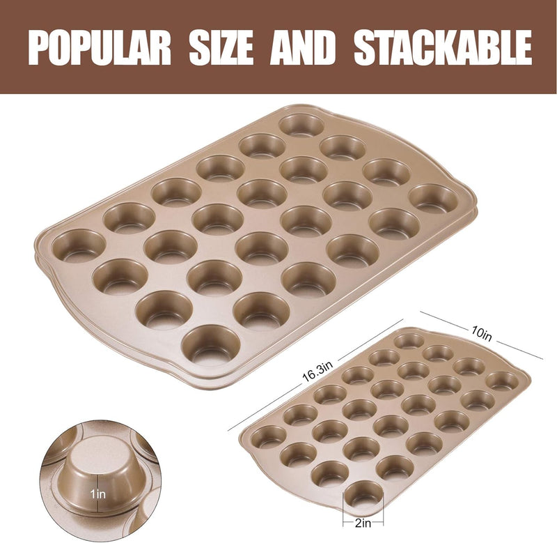 JOHO BAKING Nonstick Muffin and Cupcake Pan Set - 12 and 24-Cup Gold