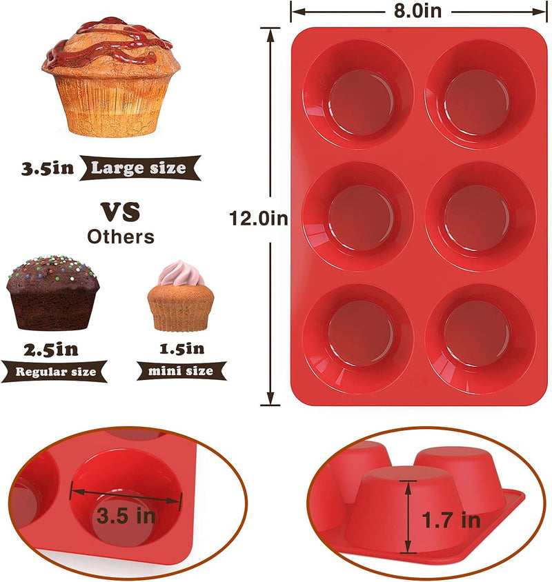 Silicone Jumbo Muffin Pan Nonstick 6 Cup - 2 Pack - 35 inch Large Cups - Baking Mold for Homemade Muffins and Cupcakes