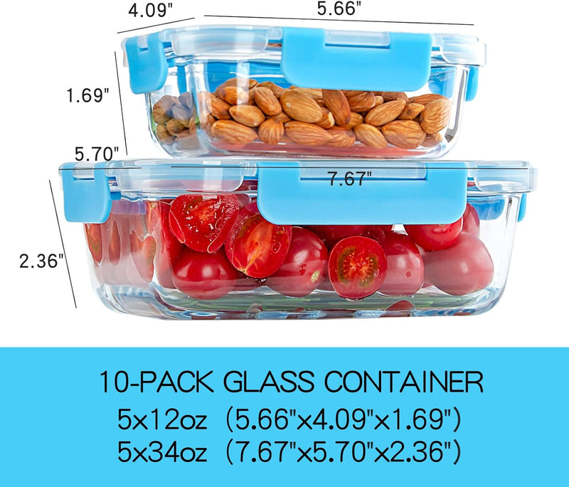 10-Pack UMEIED Glass Food Storage Containers - Leakproof Airtight Meal Prep Containers for Lunch On the Go Leftovers - Dishwasher Safe