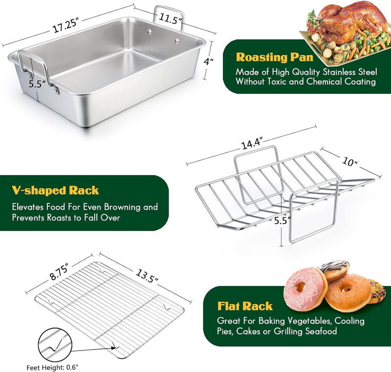 Stainless Steel Turkey Roaster Set - V-Shaped  Flat Racks - Non-Toxic  Dishwasher Safe