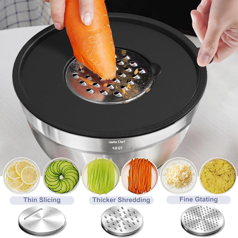 Umite Chef Mixing Bowls Set with Airtight Lids Stainless Steel 8PCS Khaki Non-Slip Bottoms Grater Attachments Sizes 5-15QT