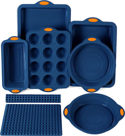 8-in-1 Silicone Baking Set - 6 Molds 2 Mats Cookie Sheet Cake Pan - Navy Blue