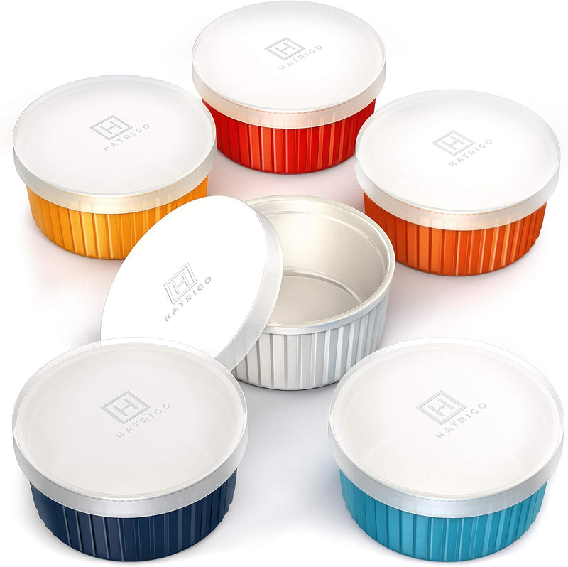 Set of 6 Hatrigo Porcelain Ramekins with Silicone Lids - OvenDishwasher Safe Assorted Colors 12 oz Capacity