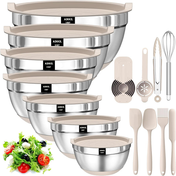 AIKKIL 20-Piece Stainless Steel Mixing Bowls with Airtight Lids and Non-Slip Bottom Size 7-067QT Great for Mixing Baking Serving Khaki