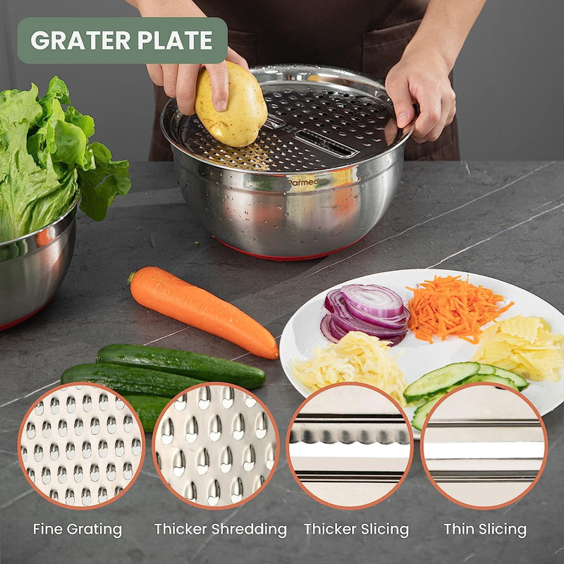 Parmedu 5-in-1 Stainless Steel Mixing Bowl Set with Colander  Grater Size 4QT 3QT 25QT - Model CK001