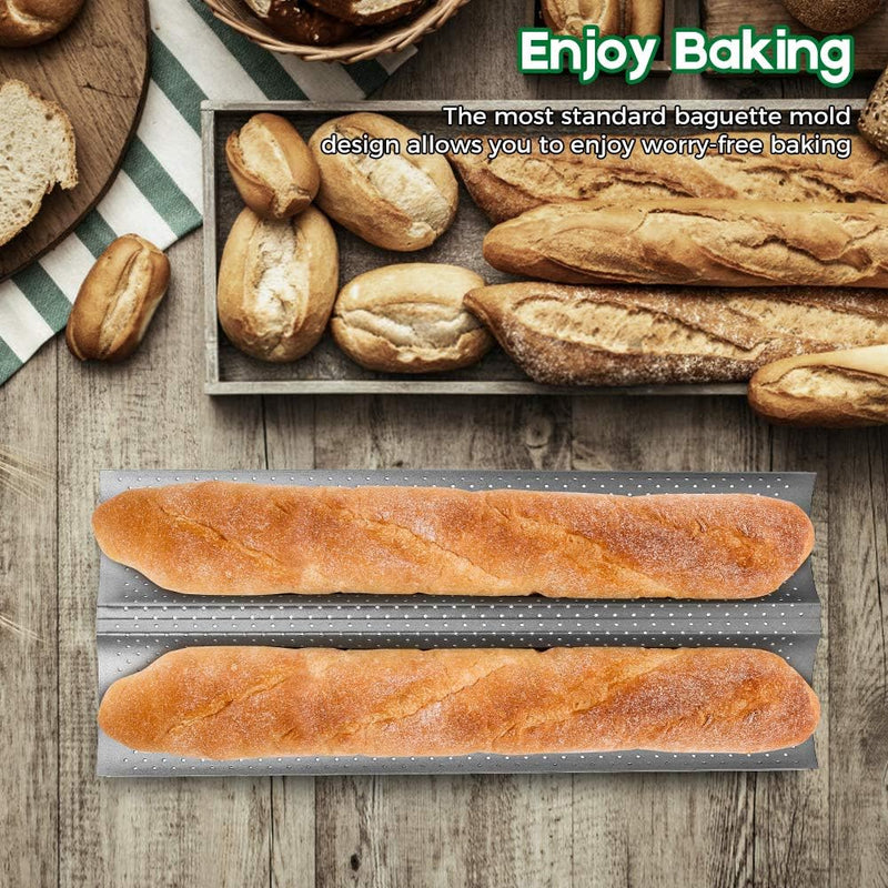 AMAGABELI Nonstick Baguette Pan for French Bread Baking - 15 x 13 Perforated Mold with 4 Gutter Oven Toaster Cloche Silver