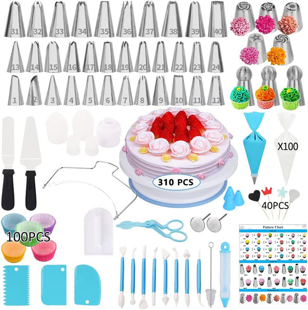 Cake Decorating Kit - 635 Pcs Supplies with 3 Springform Pan Sets Icing Nozzles Rotating Turntable Topper Piping Bags Carrier  Holder - Baking Tools