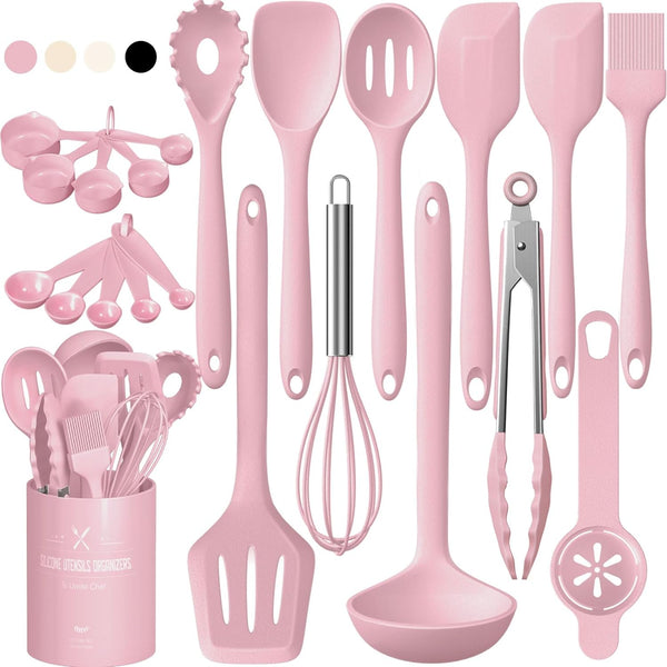 22Pcs Silicone Cooking Utensils Set with Holder - Heat Resistant Pink Kitchen Spatulas - Nonstick Cookware Gadgets