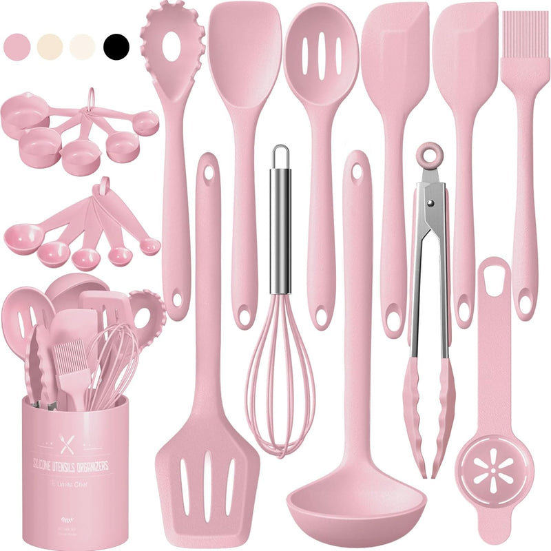 22Pcs Silicone Cooking Utensils Set with Holder - Heat Resistant Pink Kitchen Spatulas - Nonstick Cookware Gadgets
