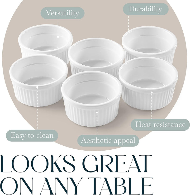 Porcelain Ramekin Set - 6 Mini Casserole Bowls and Dishes Oven Safe to 500F White