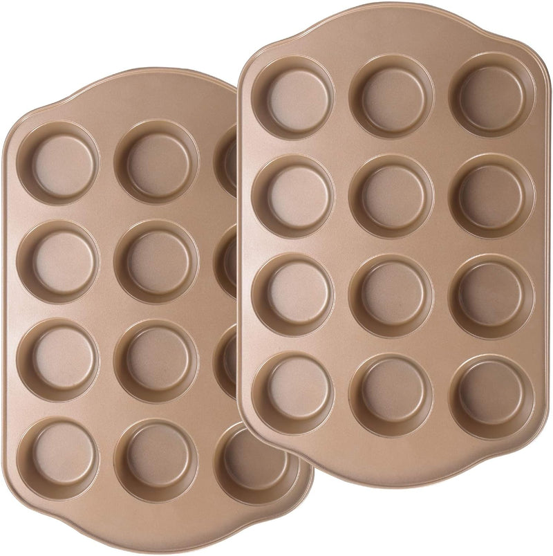 JOHO BAKING Nonstick Muffin and Cupcake Pan Set - 12 and 24-Cup Gold