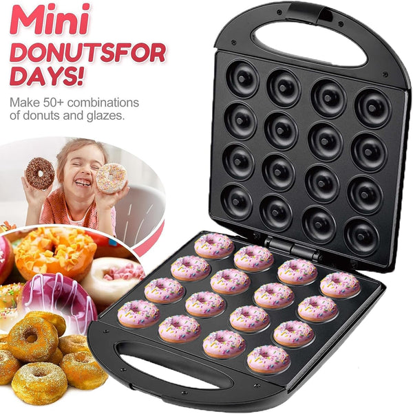 Mini Donut  Pancake Maker - 1400W Non-Stick for Home  Travel Use Makes 16 Doughnuts  Cakes Print Snacks  Desserts