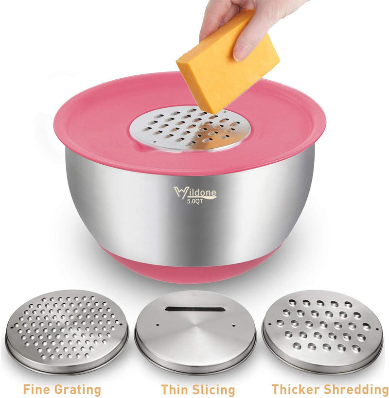 5-Piece Stainless Steel Mixing Bowls Set with Airtight Lids Grater and Non-Slip Bottoms