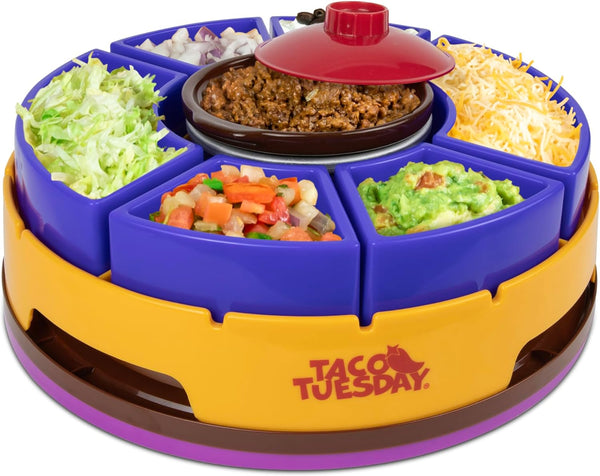 Taco Tuesday Complete Taco Serving Set with Tortilla Warmer, Salsa Bowls, Shell Holders, and Mortar and Pestle - 9-Piece Set - Red, Yellow, and Green