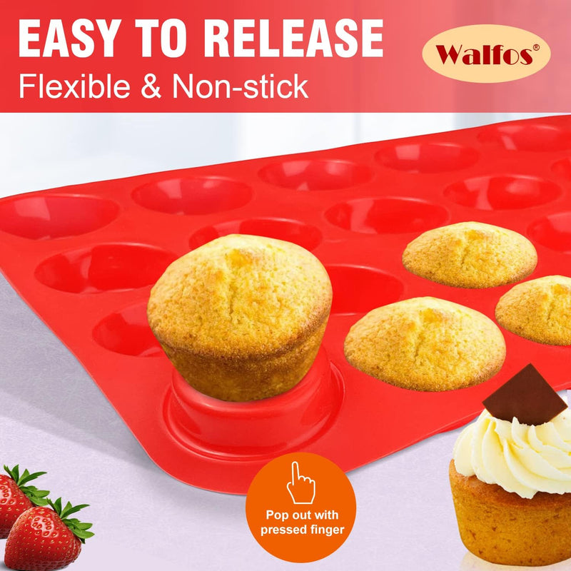 Walfos Silicone Cupcake Pan Set - 2-Piece Mini 24-Cup Muffin Baking Pan - BPA Free Dishwasher Safe - Non-Stick - Great for Muffin Cakes Fat Bombs