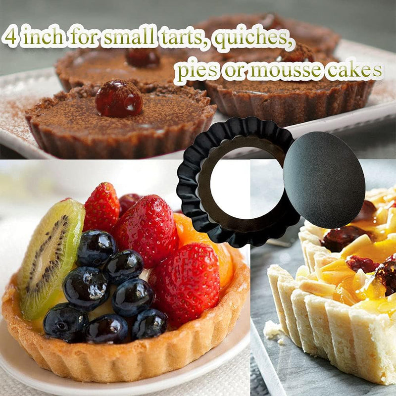 The product title is 8 Pack DATANYA 4 Inch Mini Tart Pans with Removable Bottom - Nonstick Quiche Pan for Dessert Baking