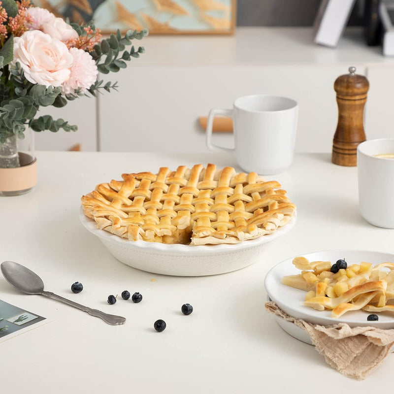 Ceramic Deep Dish Pie Pan with Lace Emboss - Grayish Blue