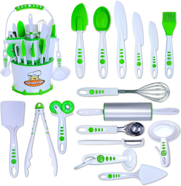 Curious Chef 30-Piece Caddy Collection Cookware Set - Dishwasher Safe and BPA-Free Plastic - Includes Real Utensils and More