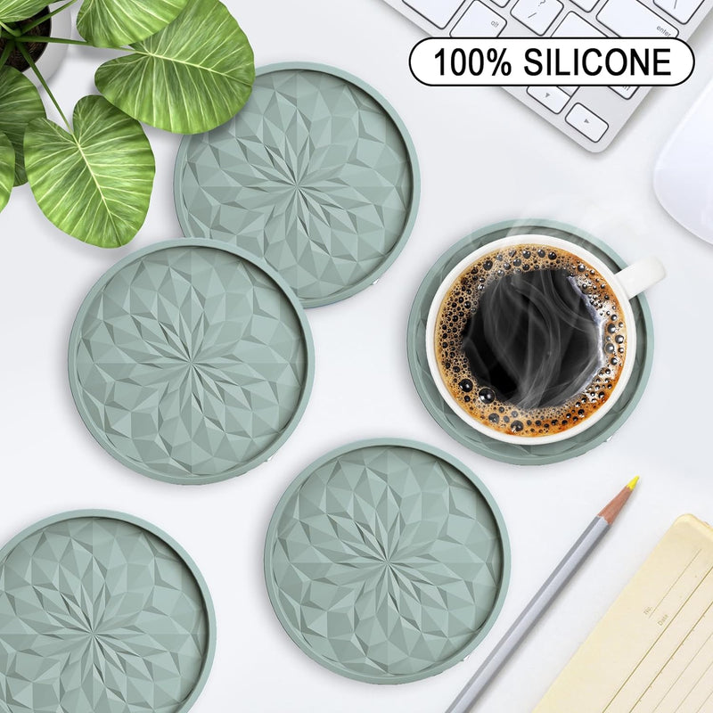 MEFAN Silicone Coasters 6 Pack with Holder - Non-Slip Deep Tray for HotCold Drinks - Black