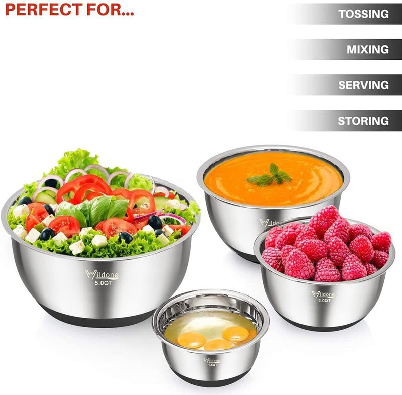 Stainless Steel Mixing Bowls - Set of 5 with Airtight Lids and Non-slip Bottoms