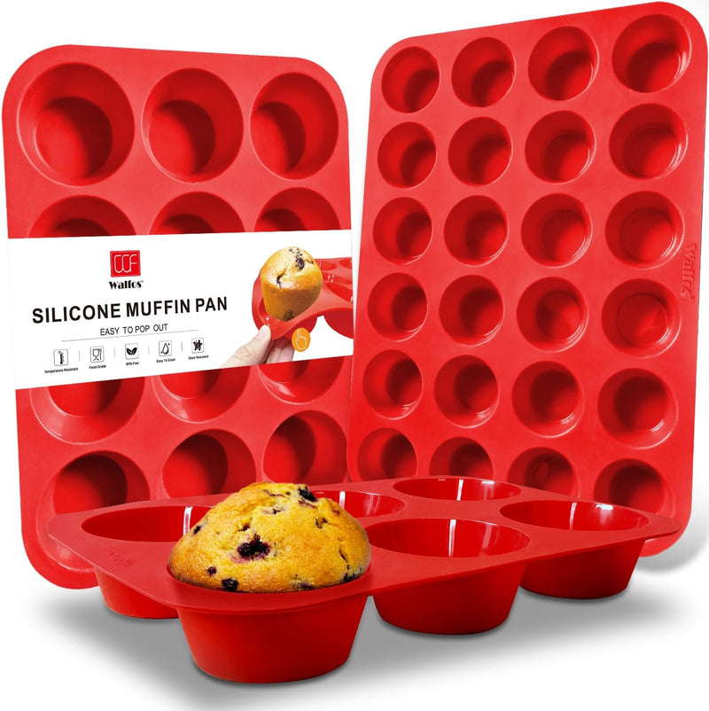 Walfos Silicone Cupcake Pan Set - 2-Piece Mini 24-Cup Muffin Baking Pan - BPA Free Dishwasher Safe - Non-Stick - Great for Muffin Cakes Fat Bombs