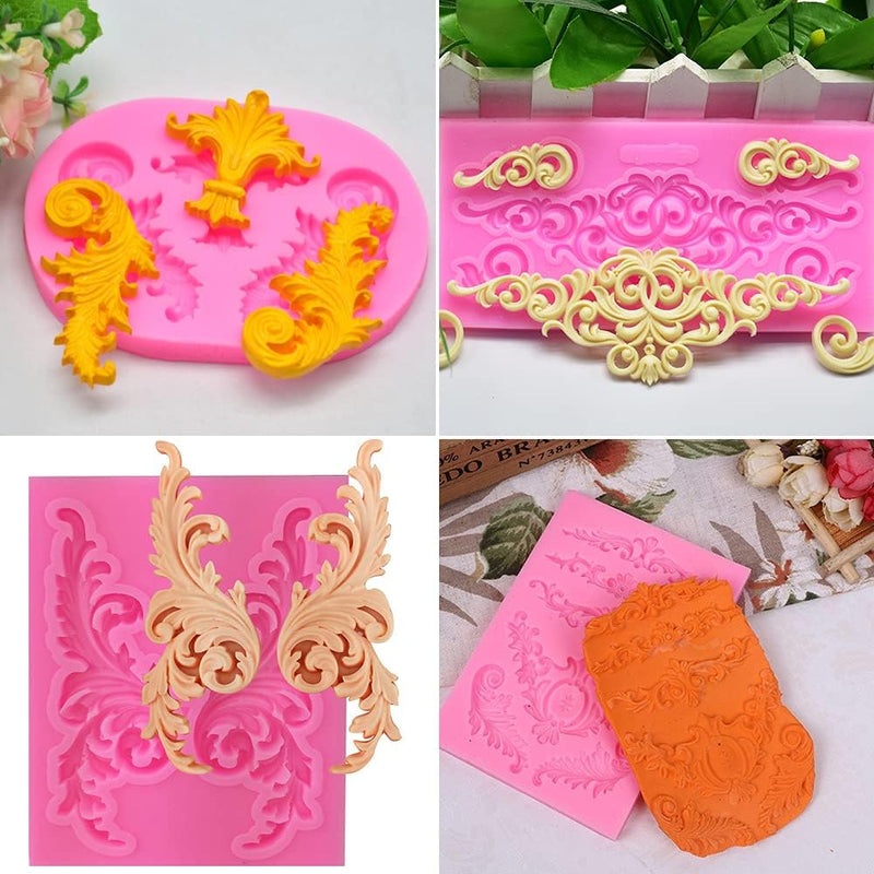 Rainmae 5 Pcs Baroque Style Fondant Silicone Mold - 3D Lace Relief Filigree Sculpture for Crafts  Baking