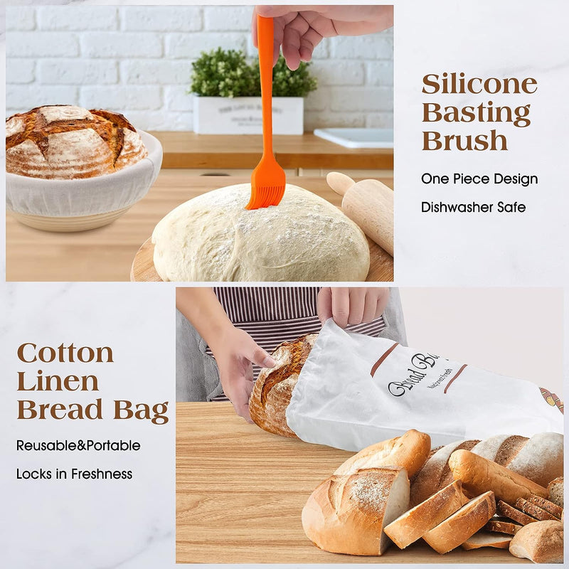 10 Inch Banneton Basket Set with Liner Bread Sling and Whisk - Bread Baking Supplies