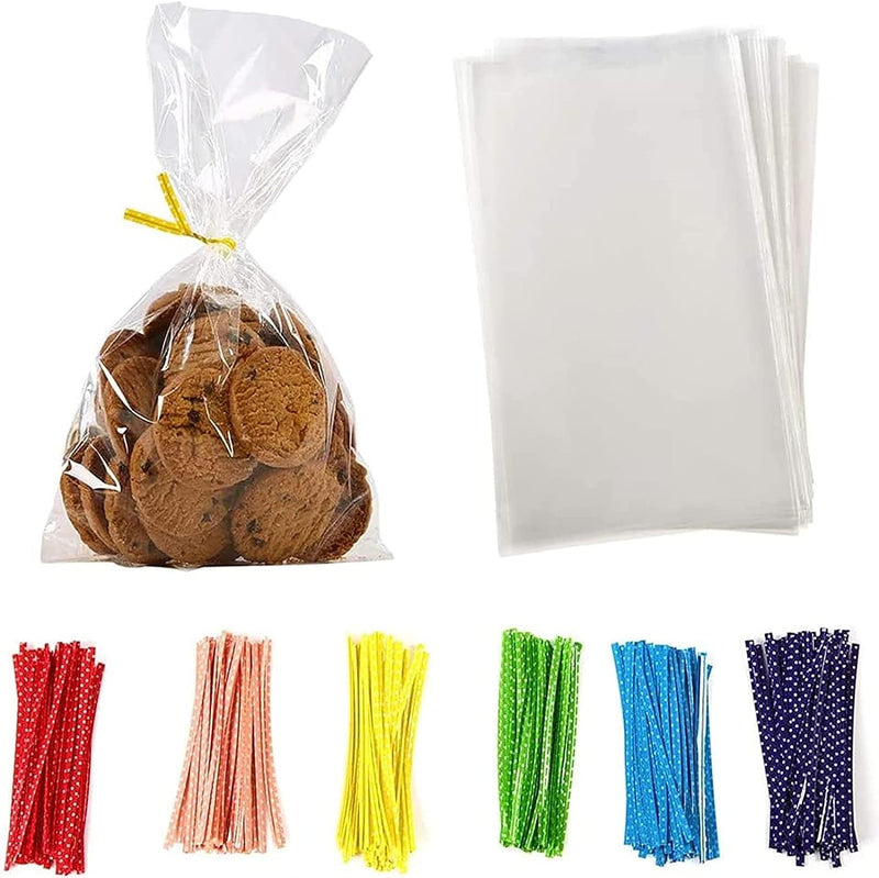 100-Pack Clear Cellophane Treat Bags with Metallic Twist Ties - 10x6 inches 14mil - Bakery Cookies Candies Dessert